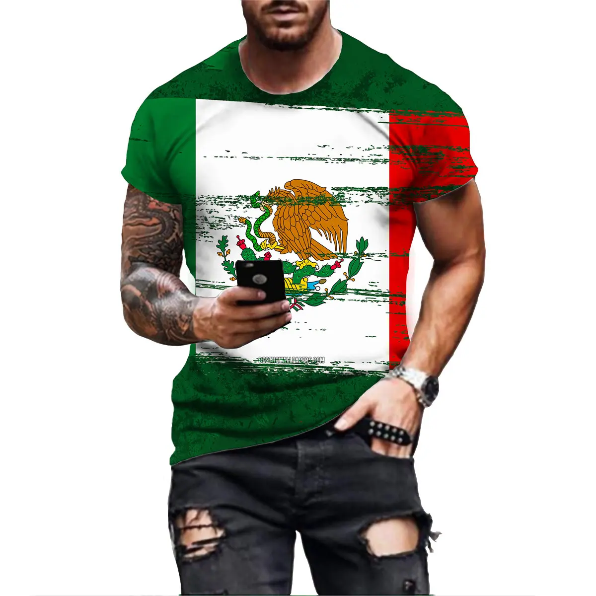 2022 Men\'s T-shirt Mexico Flag Print T-shirt Summer Round Neck Cool Oversize Streetwear Clothing Tshirt Men