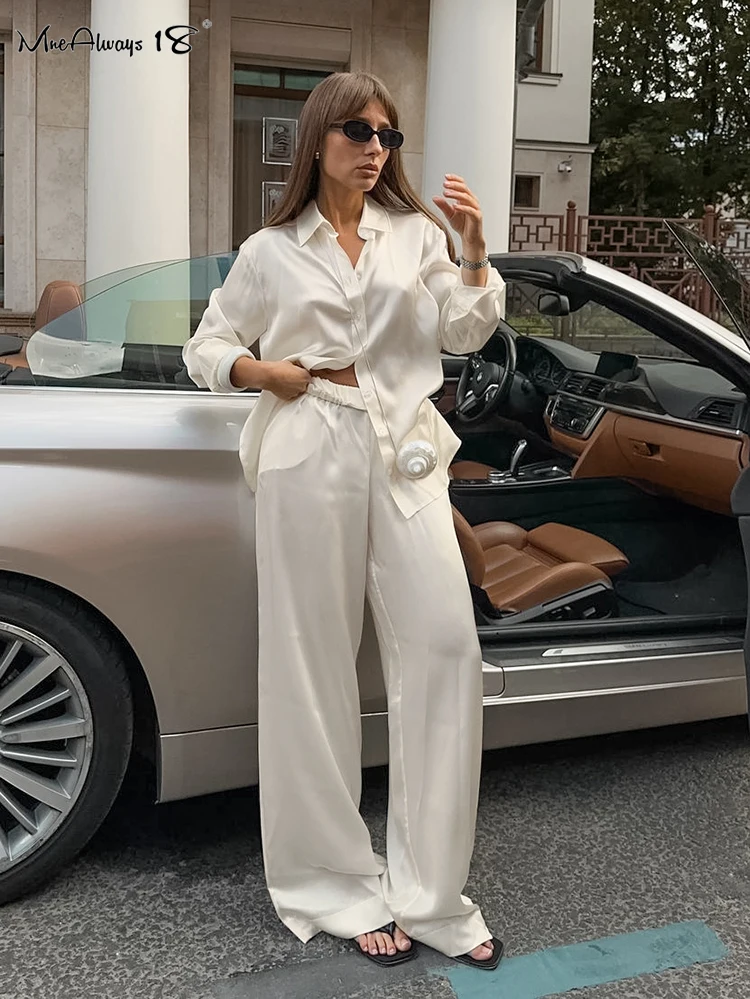 Mnealways18 Apricot Satin Women Pant Sets Oversize Shirts And Wide Legs Pants Two Pieces Suits Autumn Winter 2024 Office Ladies