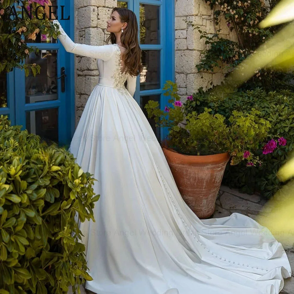 ANGEL Customized Satin Modern Wedding Dress Women 2026 A-Line Applique Beads Sweep Train Vestido De Noiva Bridal Gowns for Bride