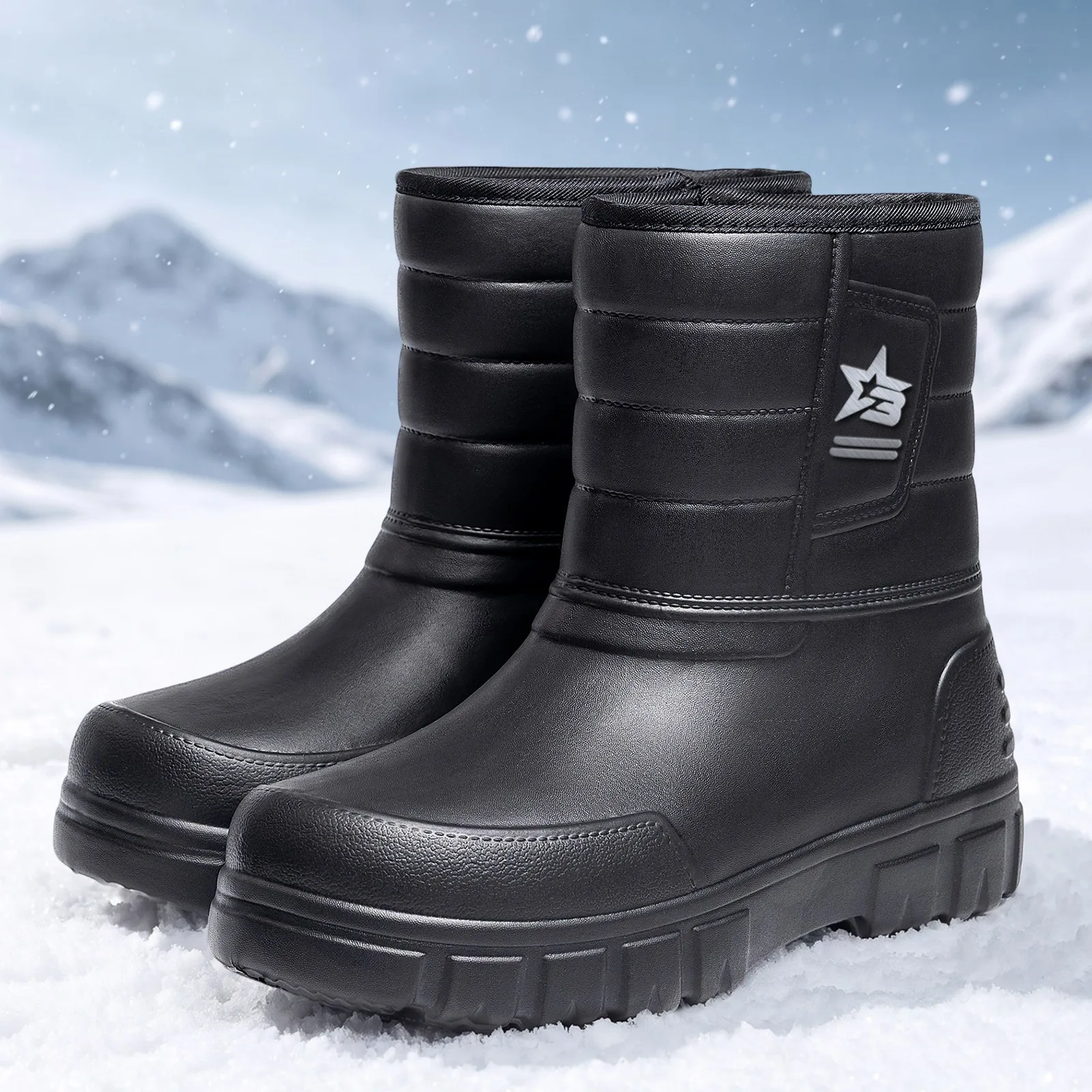 Winter-Herrenschuhe aus Baumwolle mit Fleece, warmem Leder, wasserdichter, dicker Sohle, für Outdoor-Aktivitäten, Angeln, Freizeit, vielseitig einsetzbar, schwarz. – Detail 5