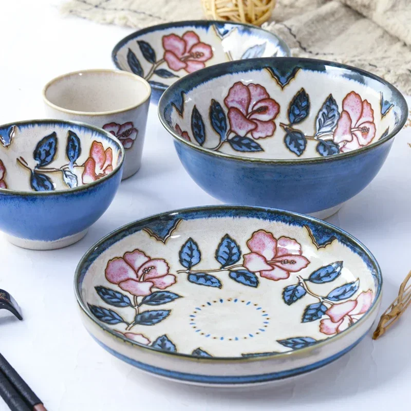 

Imported Minoyaki ceramic tableware blue red flower rice bowl Japanese tea cup sushi dish dish ramen soup bowl