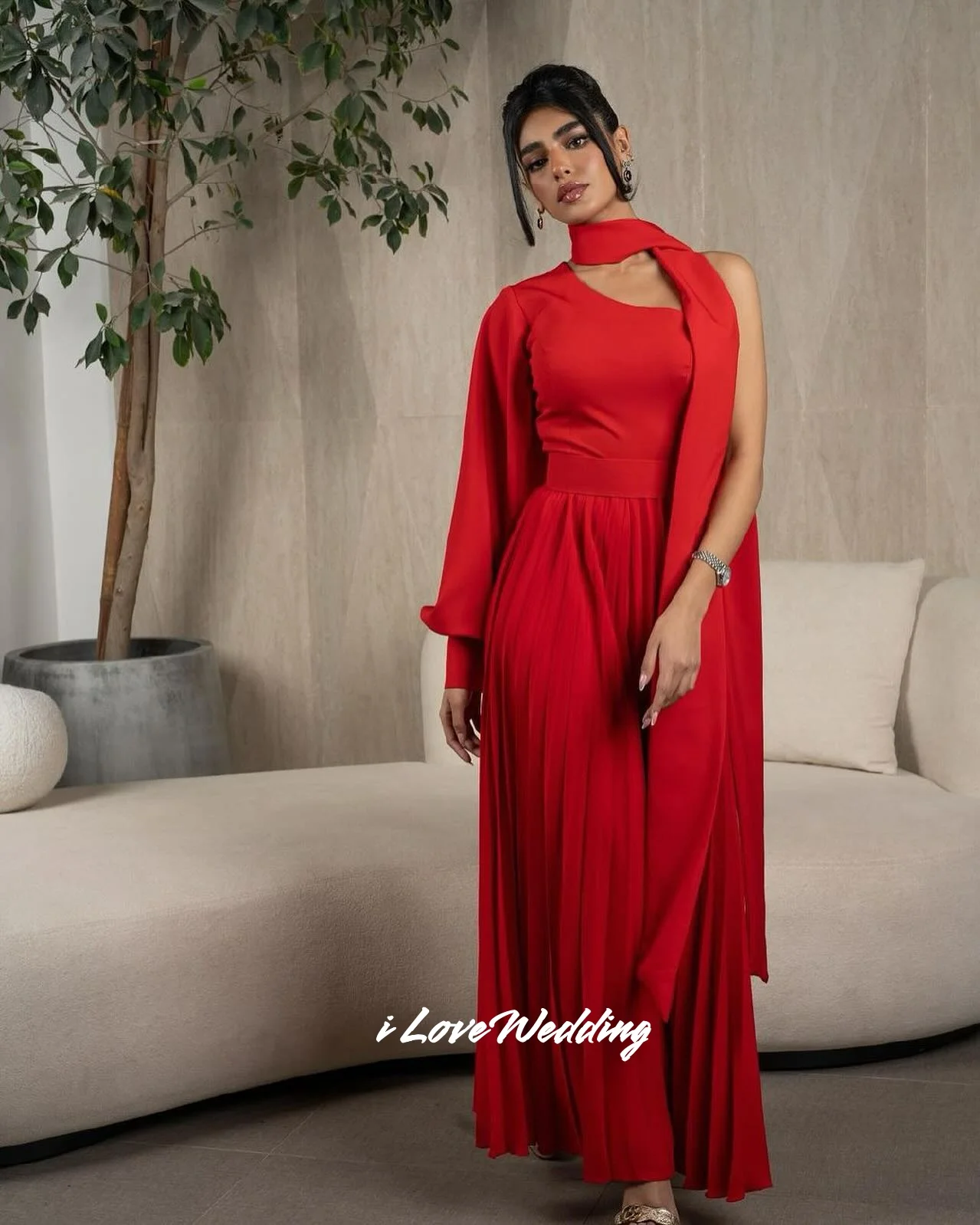 

Red One-Shoulder Prom Dress Long Sleeve A-Line Ankle-Length Party Dress فستان سهرة نسائي Modern Pleated Customized
