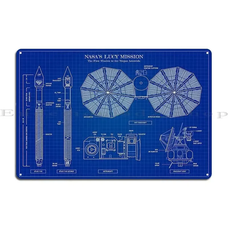 Lucy Mission Space Probe Blueprint Metal Sign Designs Wall Cave Cave Designing Printing Tin Sign Poster