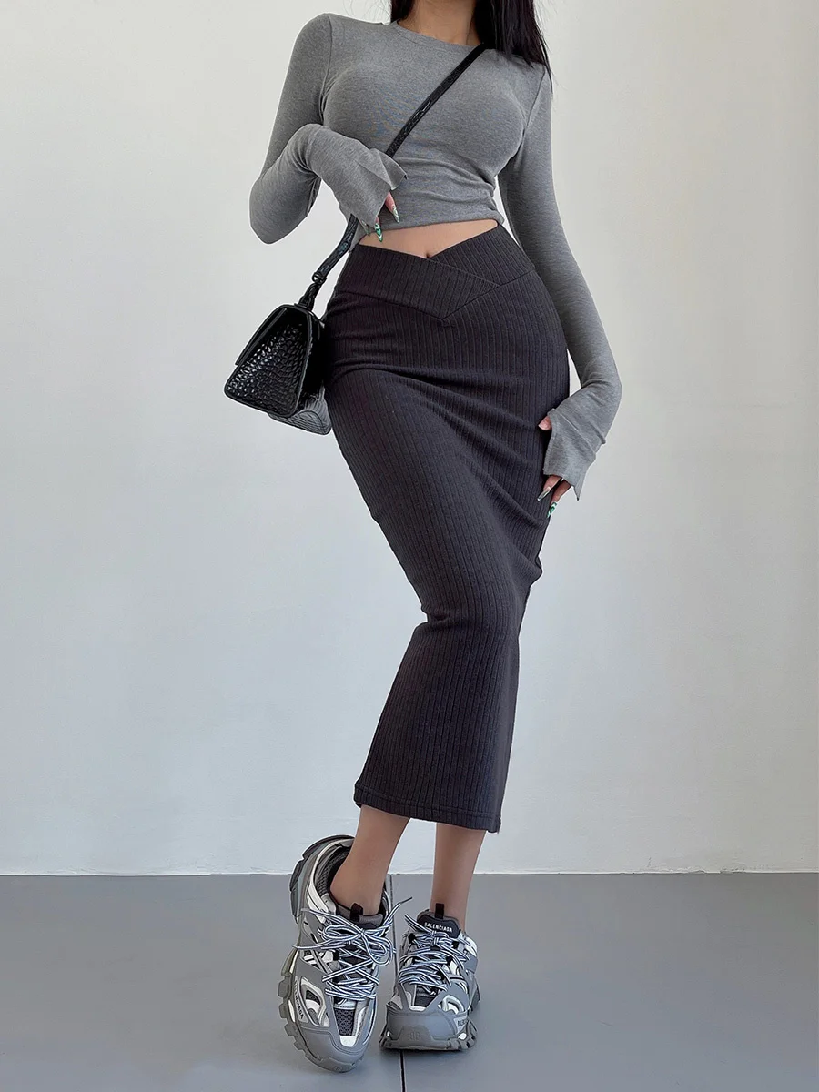 

Sexy High-waist Cross-waist Long Skirt Knit Slim Buttock Knit Skirt Fashion Sexy Women 2023 Spring C901