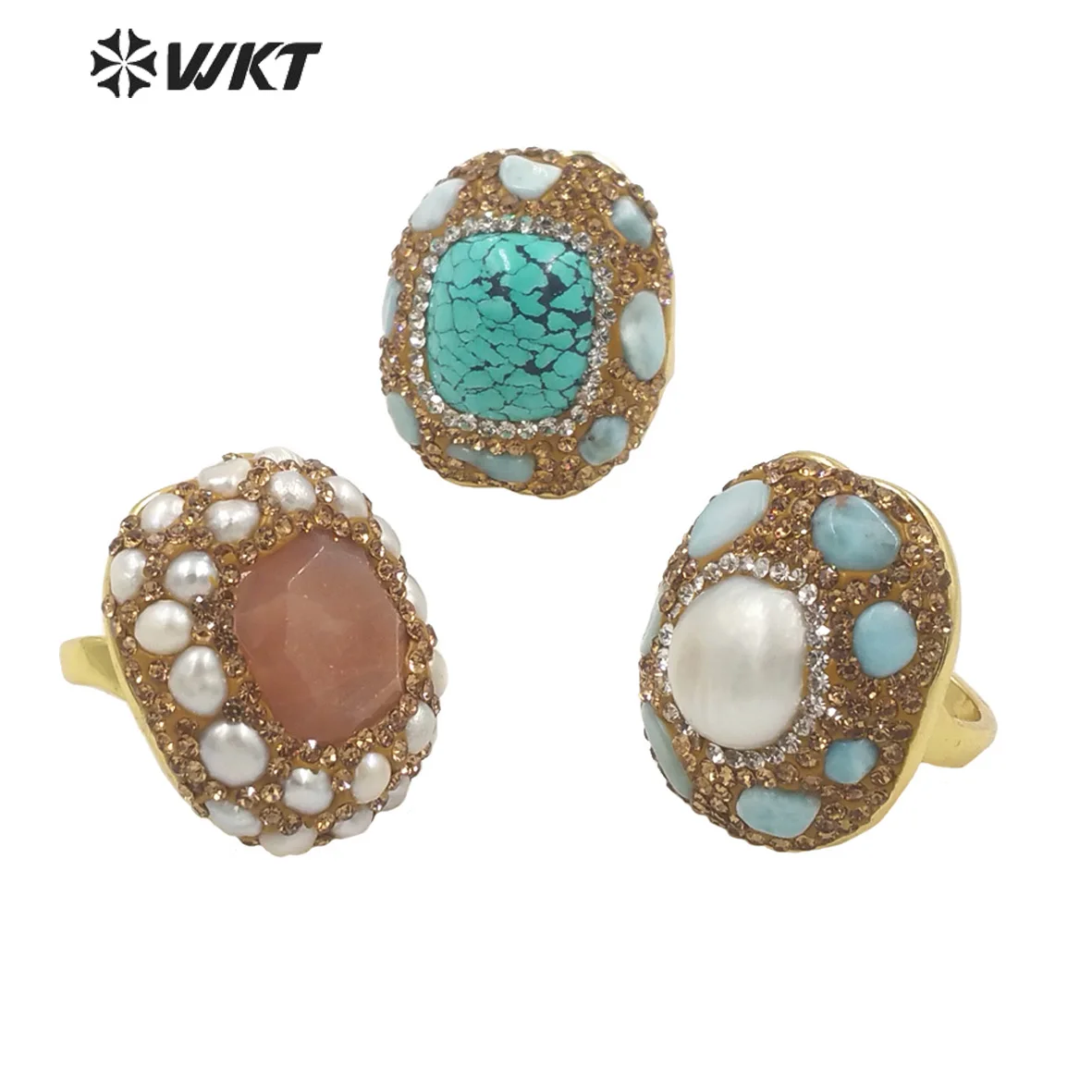 

WT-R445 WKT 2023 Fashion Turquoise&Sun Stone&Pearl Ring Hot Sale Women Wedding Gift Retro Party Style Accessory Gold-Plate