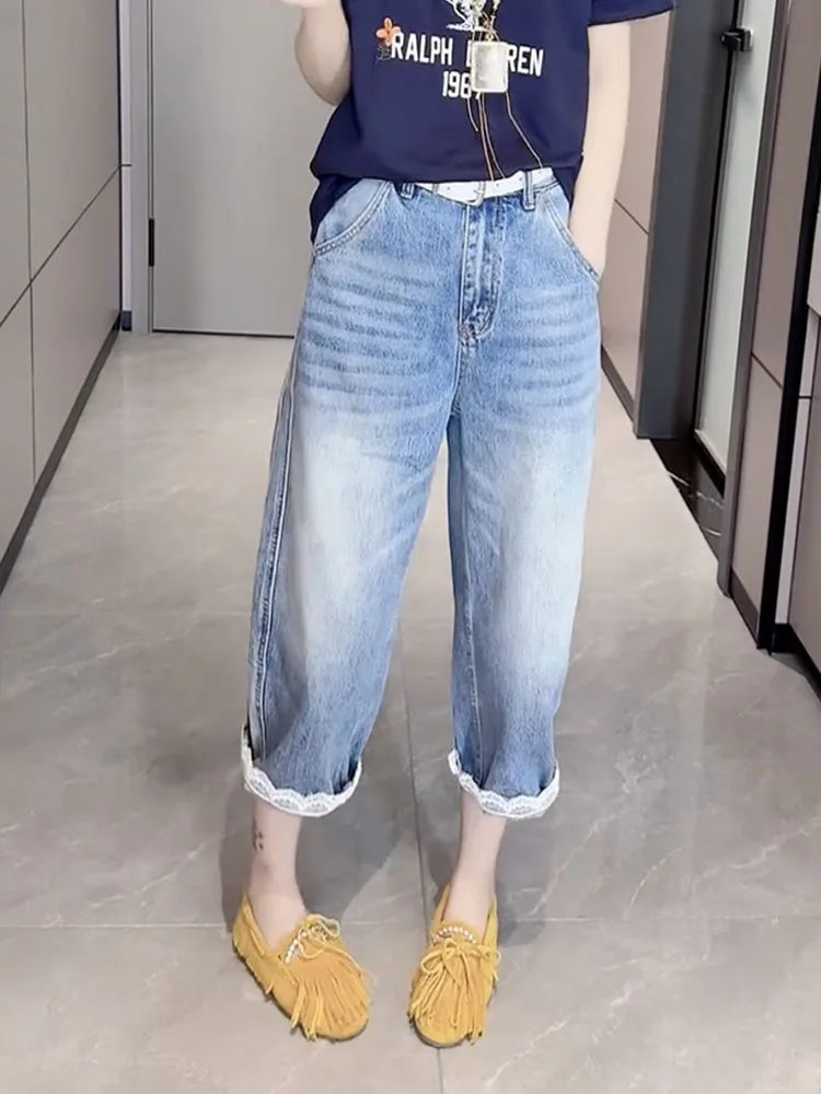 High Waist Wide Leg Jeans Women's Dad Pants New Style plus Size Hide Hip Slimming Capri Pants Thin Material Eighteen Shorts