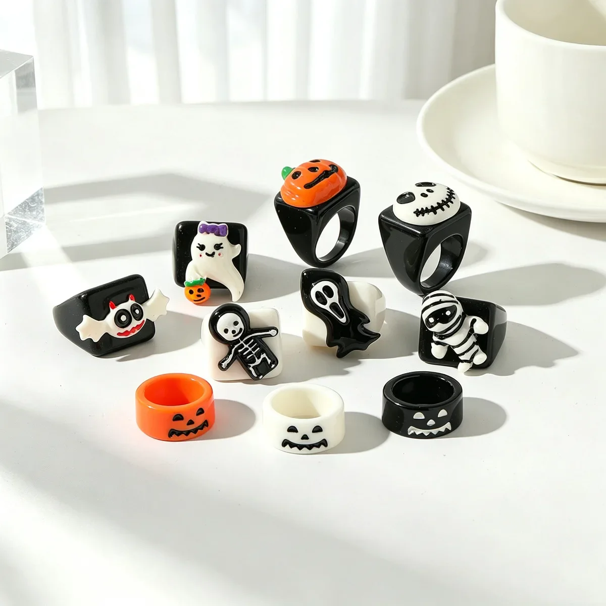 Halloween Cartoon Resin Rings for Kids Girls, Pumpkin Ghost Skeleton Mummy Finger Jewelry, Party Favor Costume Gift