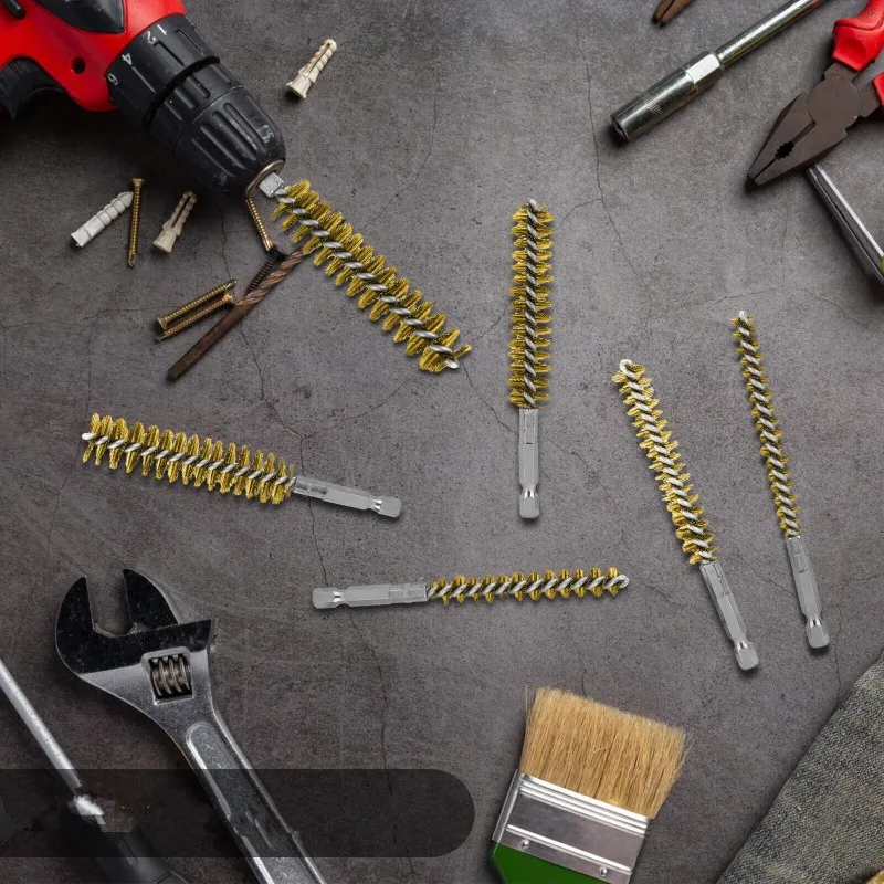 6Pc Bore Wire Brush Twisted 1/4 Inch Hex Shank Brass Bore Cleaning Wire Brushes 8-19mm for Power Drill Impact Driver Accessories image 3