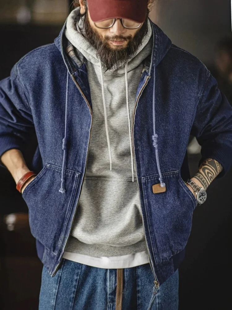 

Maden Vintage Waed Denim Jaet with Hood J30 Heavyweight Men's Autumn Coat Stand Fit Cotton Long Sve Zipper Closure