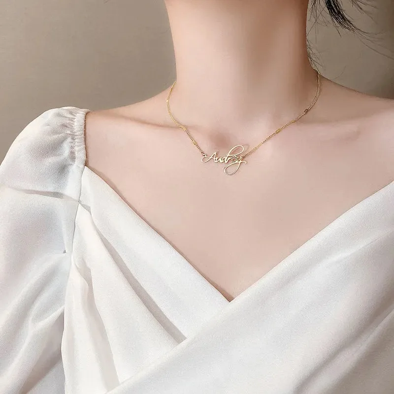 Collar de hilo de oro inglés con cadena de clavícula con nombre de acero inoxidable de corte personalizado, joyería personalizada de clavícula Simple para mujer