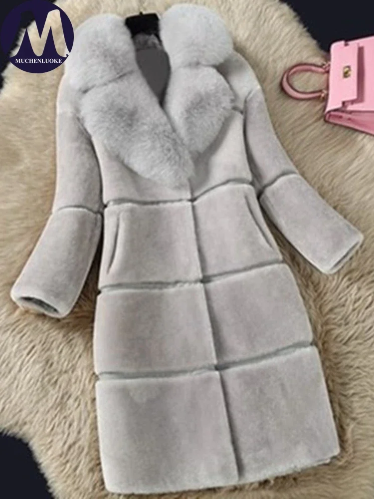 Women\'s Elegant Imitation Fox Hair Collar Warm Fur Coat Korean Fashion Slim Fit Artificial Plush Coats Autumn Winter New