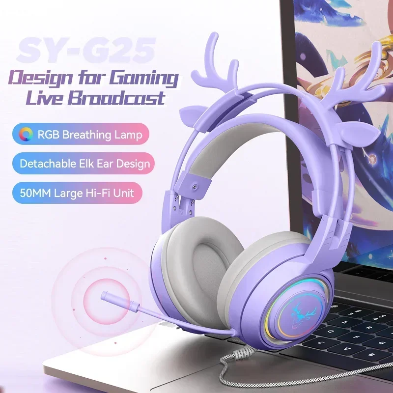 SY-G25 Antlers Cute Wired Gaming Headphones HD With Microphone 3D Space Stereo Sound Earbud RGB Lighting Laptop Headset Earphone