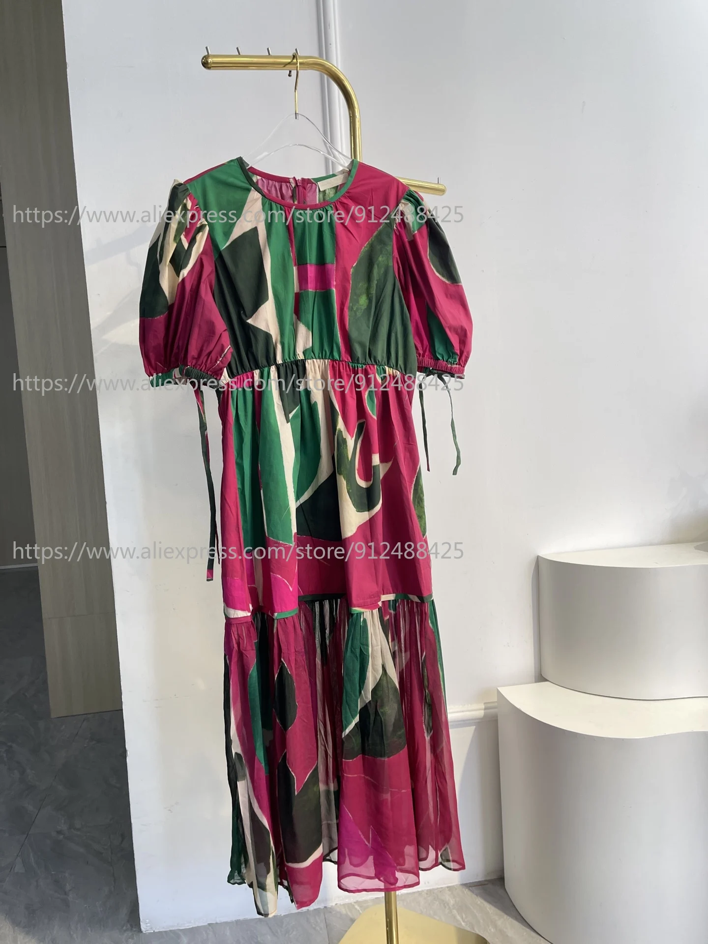 

Новое женское платье миди с коротким рукавом, разноцветным принтом и пэчворком, фиолетово-зеленое, для отпуска, 2026