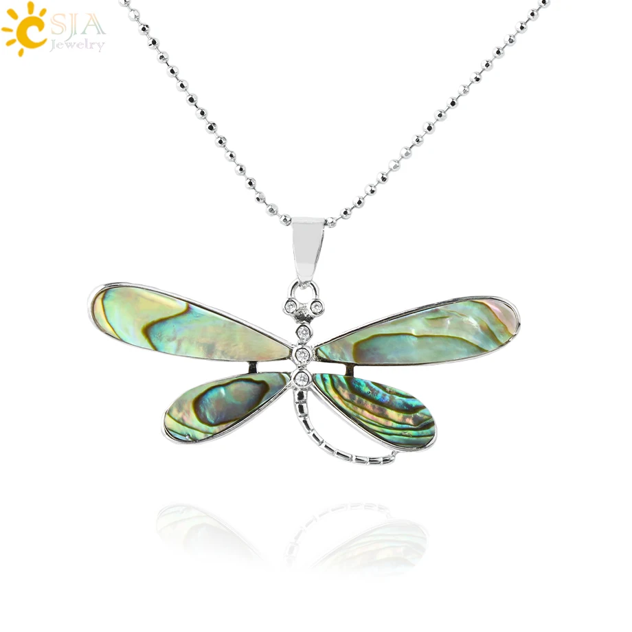 CSJA New Zealand Dragonfly Pendants Natural Shell Abalone Cute Animal Pendants Necklace Zircon Stone Jewelry for Girl Women G947