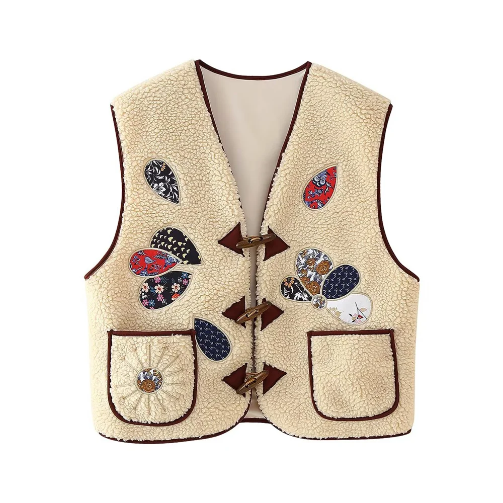 

Autumn new women's cow horn buckle closed round neck sleeveless vest top with fabric embroidery lamb fur vest