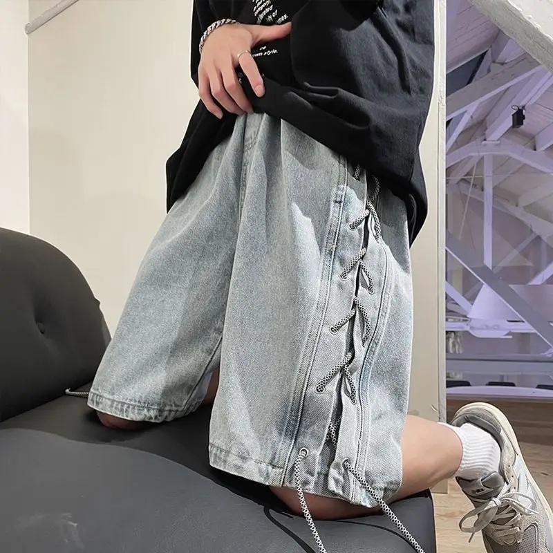 Weaving belt denim shorts for men's summer design sense, niche trendy brand horse pants, loose ins, high street