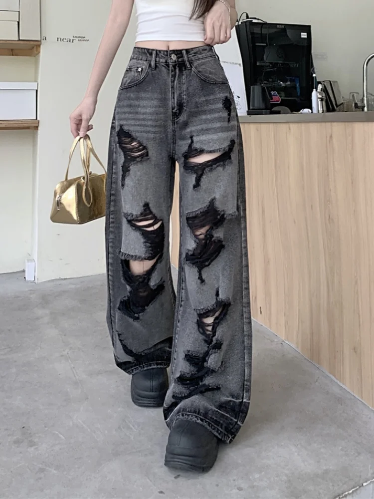 

American high street ripped black gray jeans New summer hip hop straight leg loose wide leg pants trendy