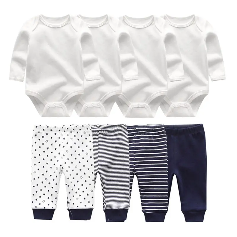 8Pcs 0-12M Unisex Fashion Newborn Baby Bodysuit Breathable 100% Cotton Long Sleeve  Print Infant Onesie & Pants Daily Clothes