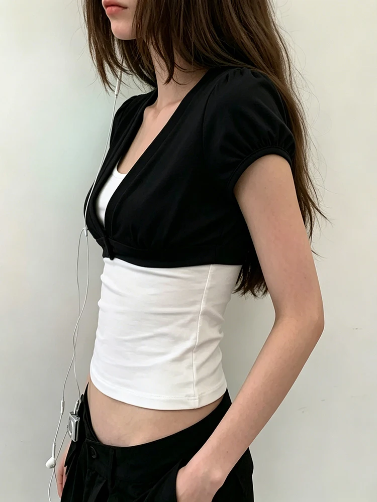 Weird Puss Dopamine Style T-Shirt Women Button Deep V-Neck Puff Sleeve Sexy High Street Hottie Simple Classic Casual Clubwear view 5