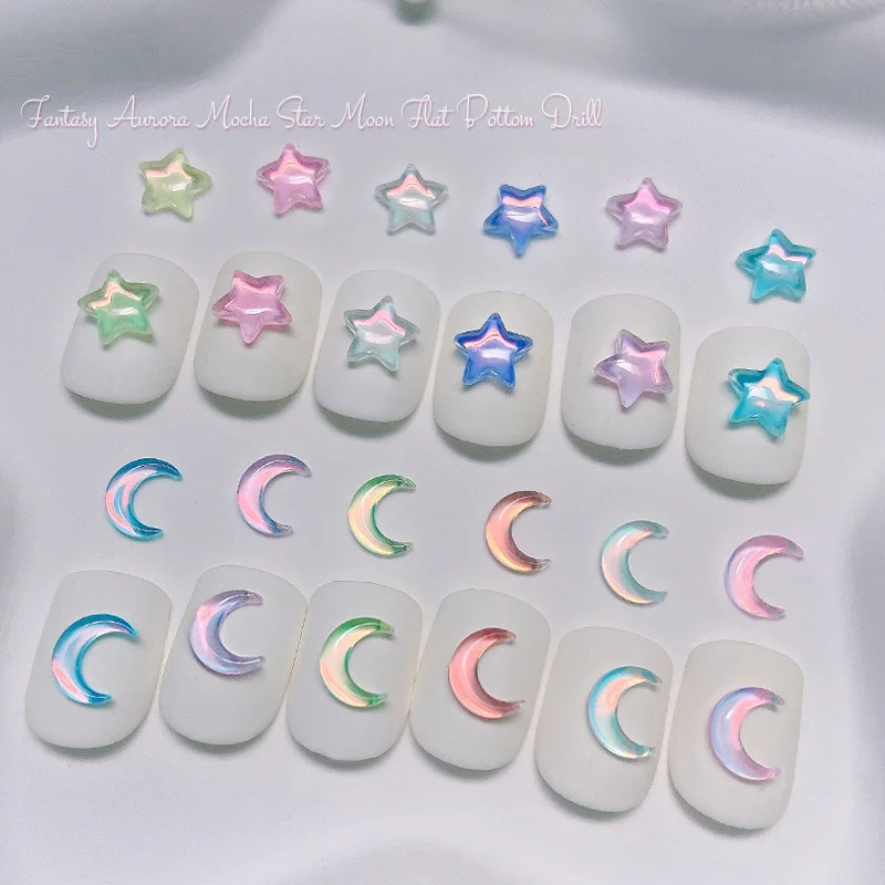 10pcs Nail Small Mocha Moon Star Flat Bottom Crystal Jewelry Aurora Color Pentagram Manicure Decoration Accessories