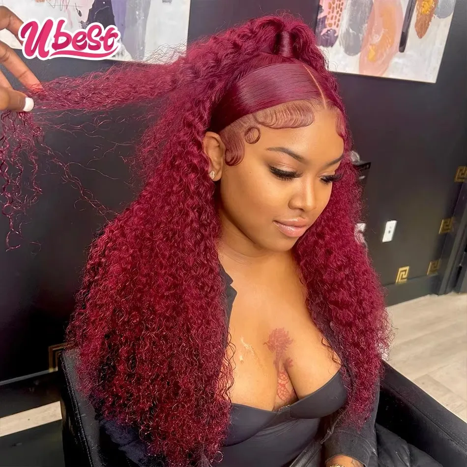 

13X6 13X4 Transparent Lace Front Curly Deep Wave Wig 100％Human Hair Burgund 99j Red Colored Water Wave Wig Pre Plucked for Women