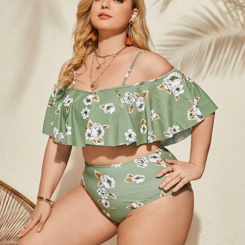Damen-Bikini-Set in Übergröße mit hoher Taille – Überzug mit Rüschenrock und Blumendruck