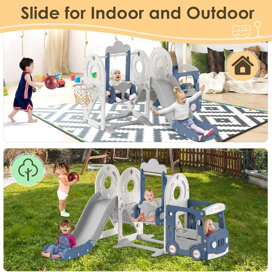 Ensemble toboggan et balançoire pour tout-petits 5 en 1, toboggan pour bébé sur le thème du Bus pour tout-petits de 13 ans, aire de jeux extérieure et intérieure pour tout-petits, bleu gris