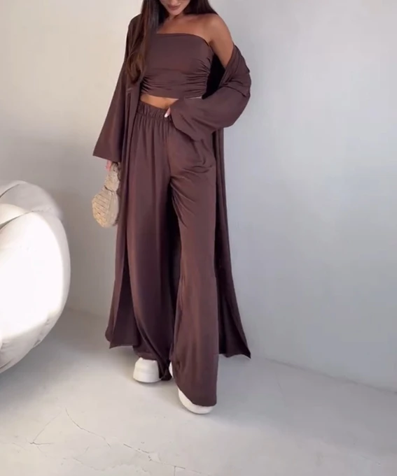 سترة صوفية طويلة بلون سادة وقميص بدون أكمام كاجوال بدون حمالات مع خصر عالي وسراويل واسعة الساق، طقم عصري مكون من 3 قطع