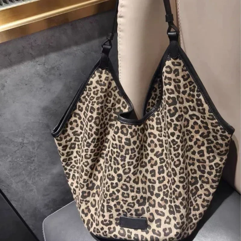 Sacola de leopardo vintage grande para mulheres, bolsa de ombro Y2K, moda coreana, estética, bolsas femininas para jovens, nova, 2024