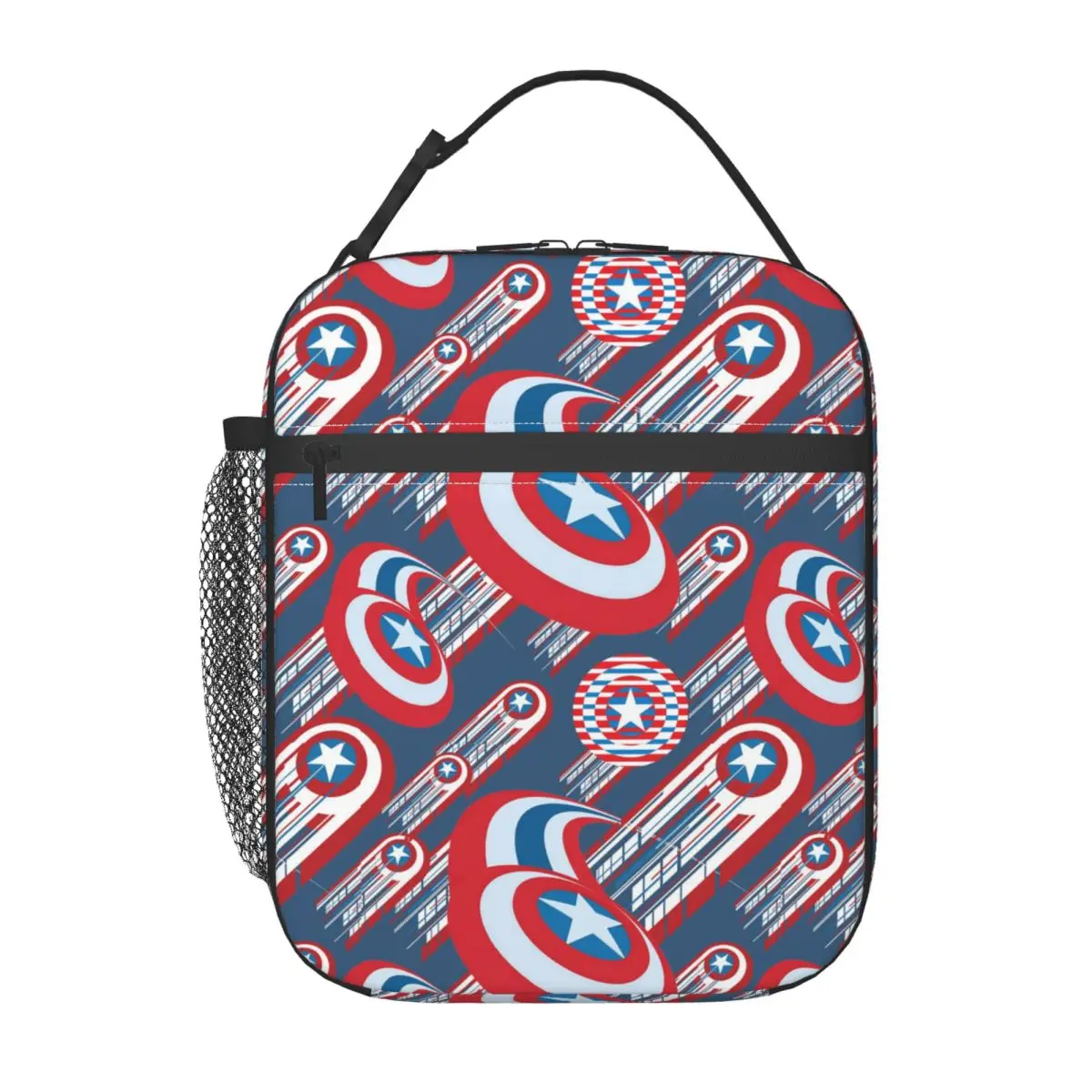 

Custom Captain America Shield Striped Insulated Lunch Bag Women Thermal Food Lunch Box Outdoor Camping Travel Resuable Tote Bags