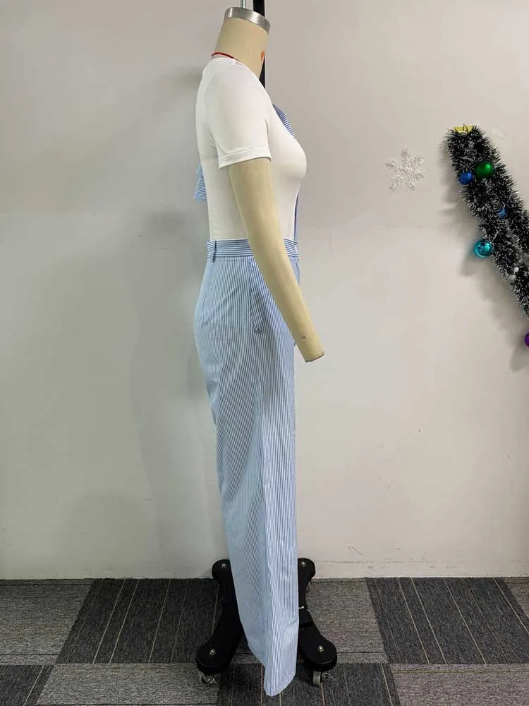 Wide Leg Woman Pants Set Summer Appliques White Top and Stripe Trouser Two Piece Office Ladies Wear Wholesale Dropshipping