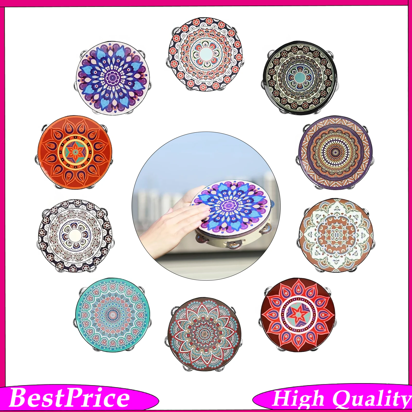 8 Inch Uyghur Hand Drum Ehtnic Single Row Dunhuang Chinese Ethnic Percussion Instrument Music Gift for Stage Performance