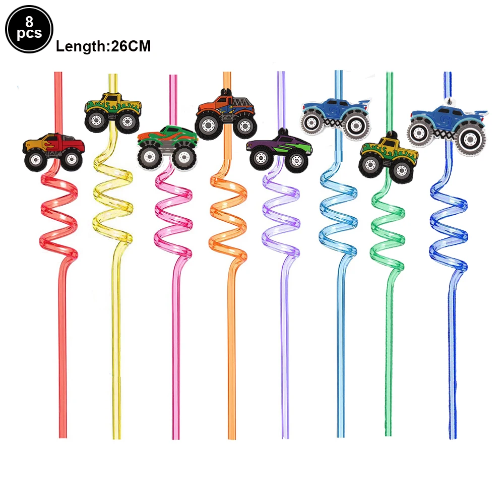 Monster Truck Theme Silicone keychain Drinking Straws Monster Truck Birthday Party Supplies Dessert Plate Napkins Cup Tablecloth