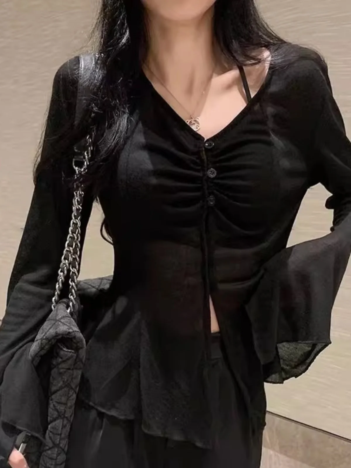 Slim Fit Long Sleeve Sun Protection Shirt Women's Summer New Style Sexy Folded Design Transparent Micro-Length Top Korean Style