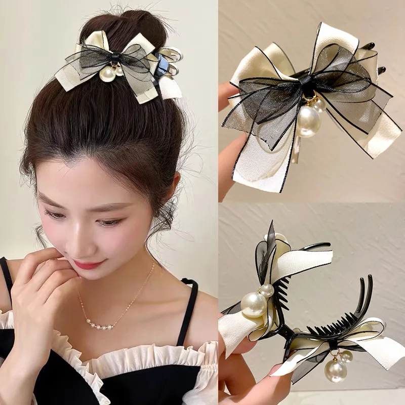 

Summer Pearl Bow Hair Clip New Hair Claw Mesh Temperament Grab Clip Fashion Sweet Out Hundred Hair Accessories Women