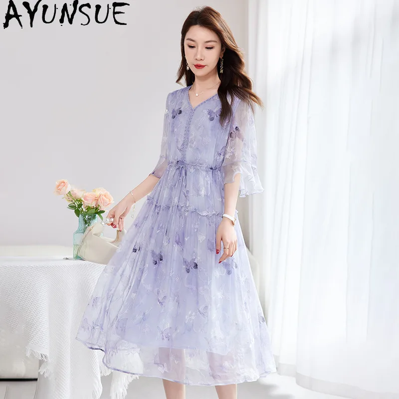 

AYUNSUE 100% Silk Dresses for Women Vacation Style Purple Dress 2026 Woman V-neck Embroidered Summer Dresses Woman Clothes 원피스