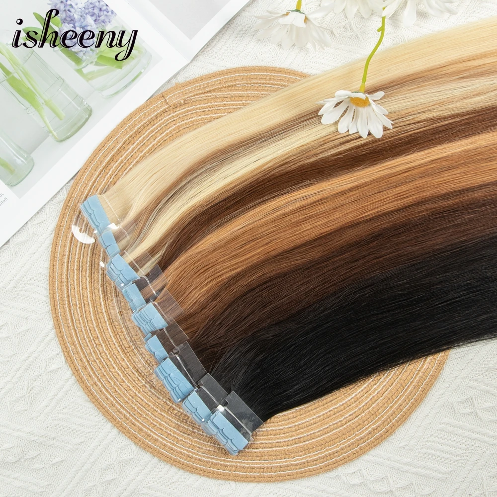 isheeny Mini Tape in Human Hair 12-24 inches Seamless PU Skin Weft Tape Hair 10pcs/pack Flower Tape Extensions