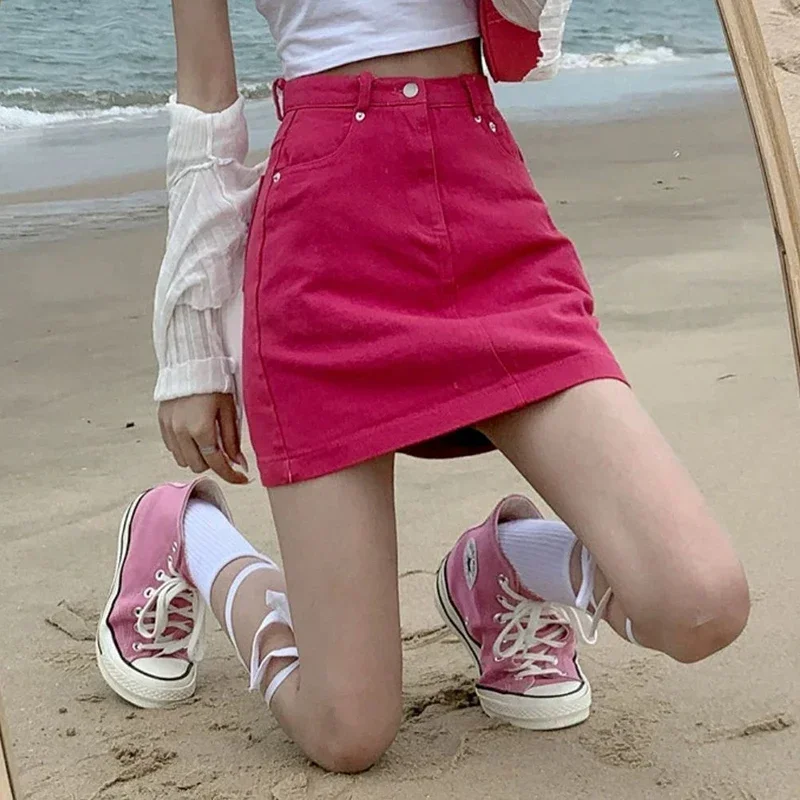 Frauen Neue Hohe Taille Kawaii Röcke Jeans Mädchen Vintage Wrap Hüften Denim Kleid Weibliche Harajuku Claret Rose Rot Schwarz EINE Linie Röcke