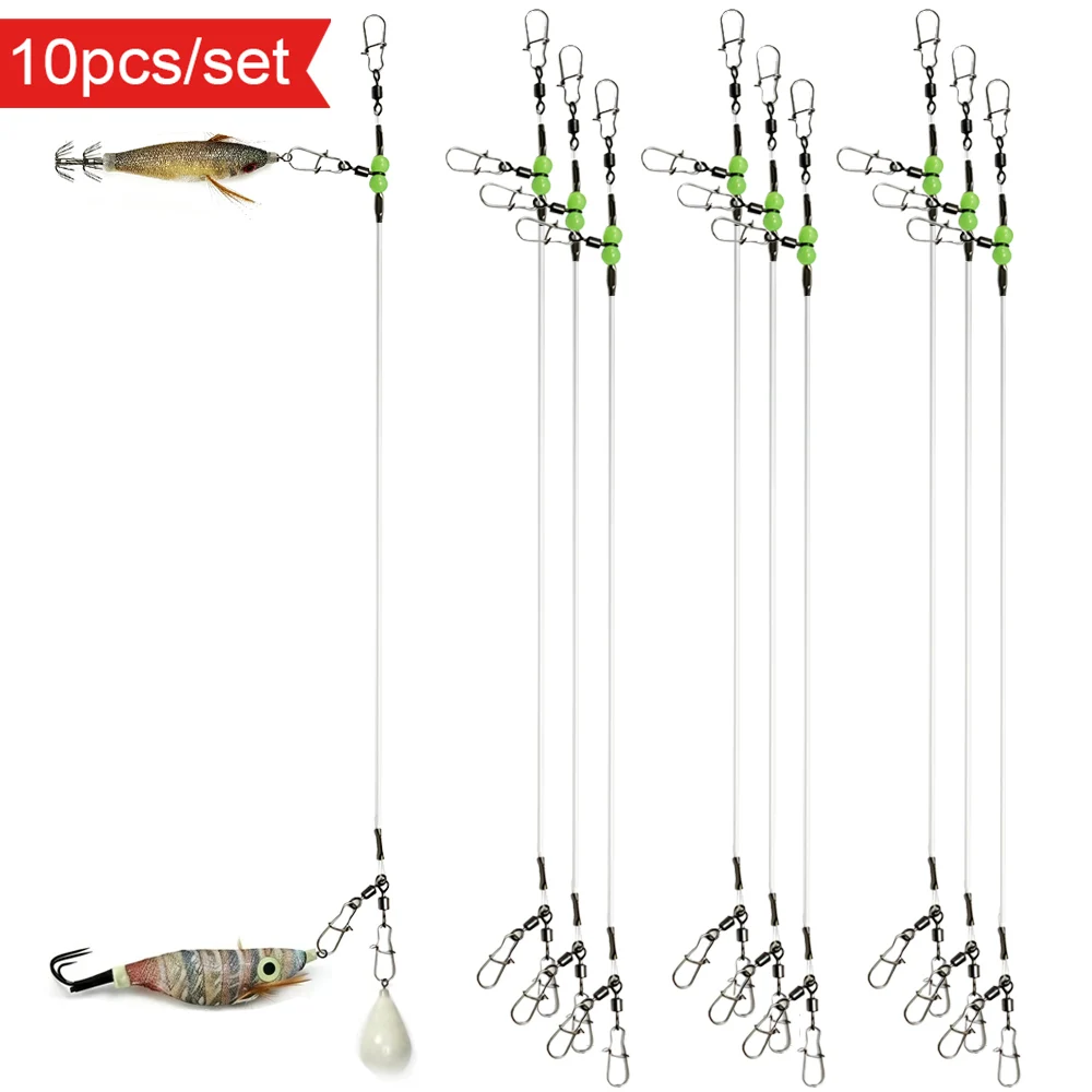 10pcs 20cm Glow Beads Leader Wire With Swivel Connector Anti-tangle Squid Fishing Rig For Webfoot Octopus Egi Rig Tackle