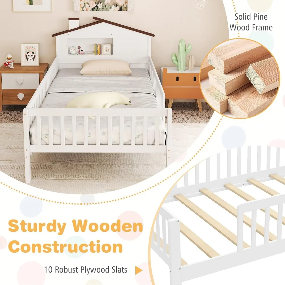 Giantex Twin Kids Bed Frame Solid Wood Montessori Bed With Guardrails House Shaped Headboard Built In Storage No Box Spring