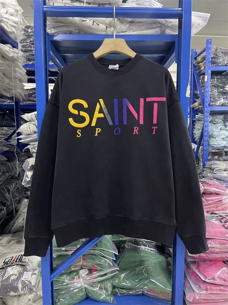 عالية الجودة SAINT Mxxxxxx 25SS SPORT قوس قزح رسالة شعار اليابانية العصرية غسلها خمر جولة الرقبة المعتاد هوديي