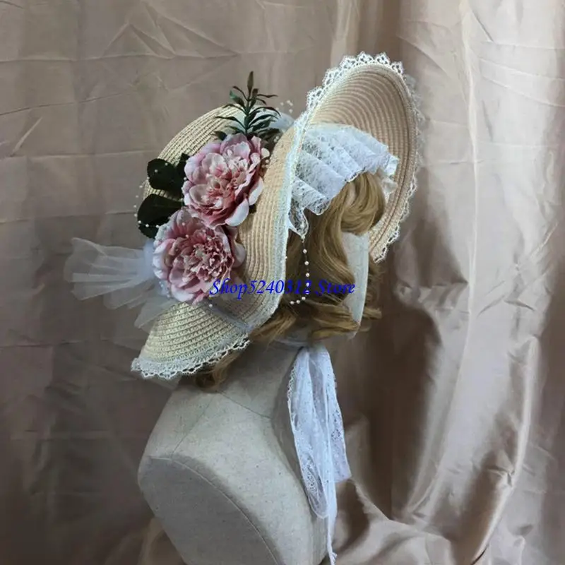 634C Women Lace Straps Secure Adults Girls Sun Cap Flowers Decoration Exquisite Cosplay Accessory