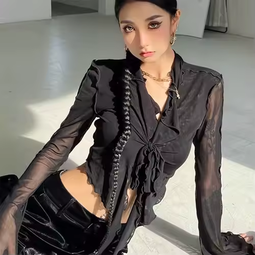 Long Flare Sleeve Blouses for Women Lace-up Mesh Sexy Sweet Hot Girls Korean Fashion Style All-match Solid Design Elegant Casual - Image 8