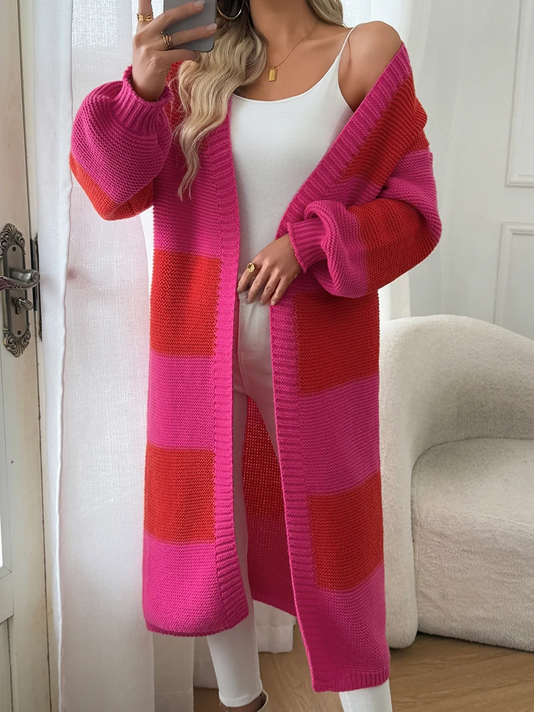 

Модное длинное вязаное пальто для женщин, сетчатый узор, цветной вязаный кардиган, свободная удобная осенне-зимняя теплая верхняя одежда
