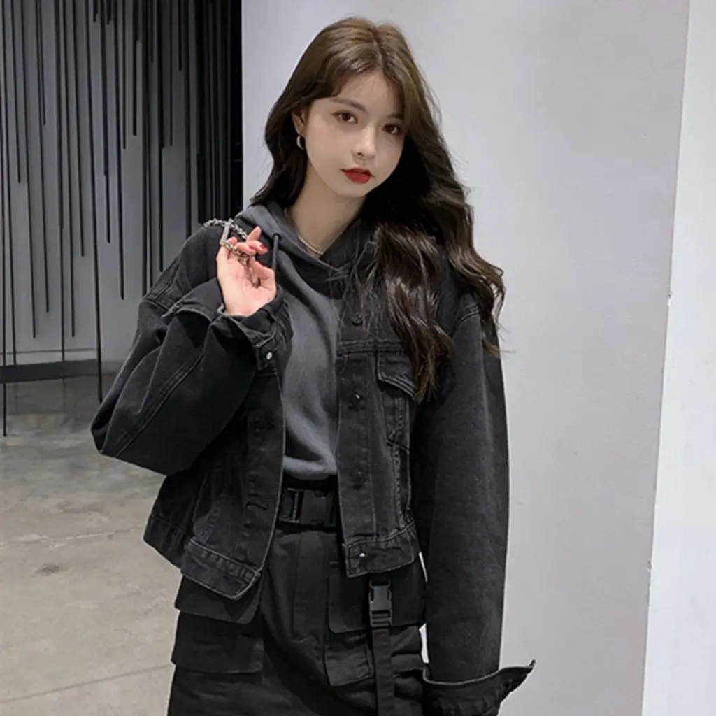 Veste en jean courte noire à manches chauve-souris pour femmes, veste d'étudiant ample de Style coréen Bf Hong Kong tendance pour le printemps et l'automne