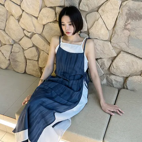 여성용 섹시한 오프 숄더 스트랩, 쉬폰 프린팅, 큰 스윙 프릴 에지 원피스, 유럽 및 미국, 용수철 여름, 2024 신상 16 유행 투피스 드레스 여성 여름 빈티지 사이드 슬릿 벨트 스트랩 롱 드레스 한국 스타일 느슨한 허리 민소매