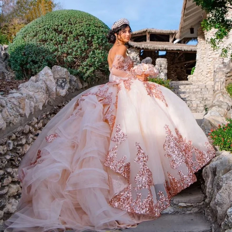 

Lorencia Mexican Pink Quinceanera Dress Ball Gown Shiny Lace Applique Beading Tiered Corset Sweet 16 Vestidos De 15 Anos