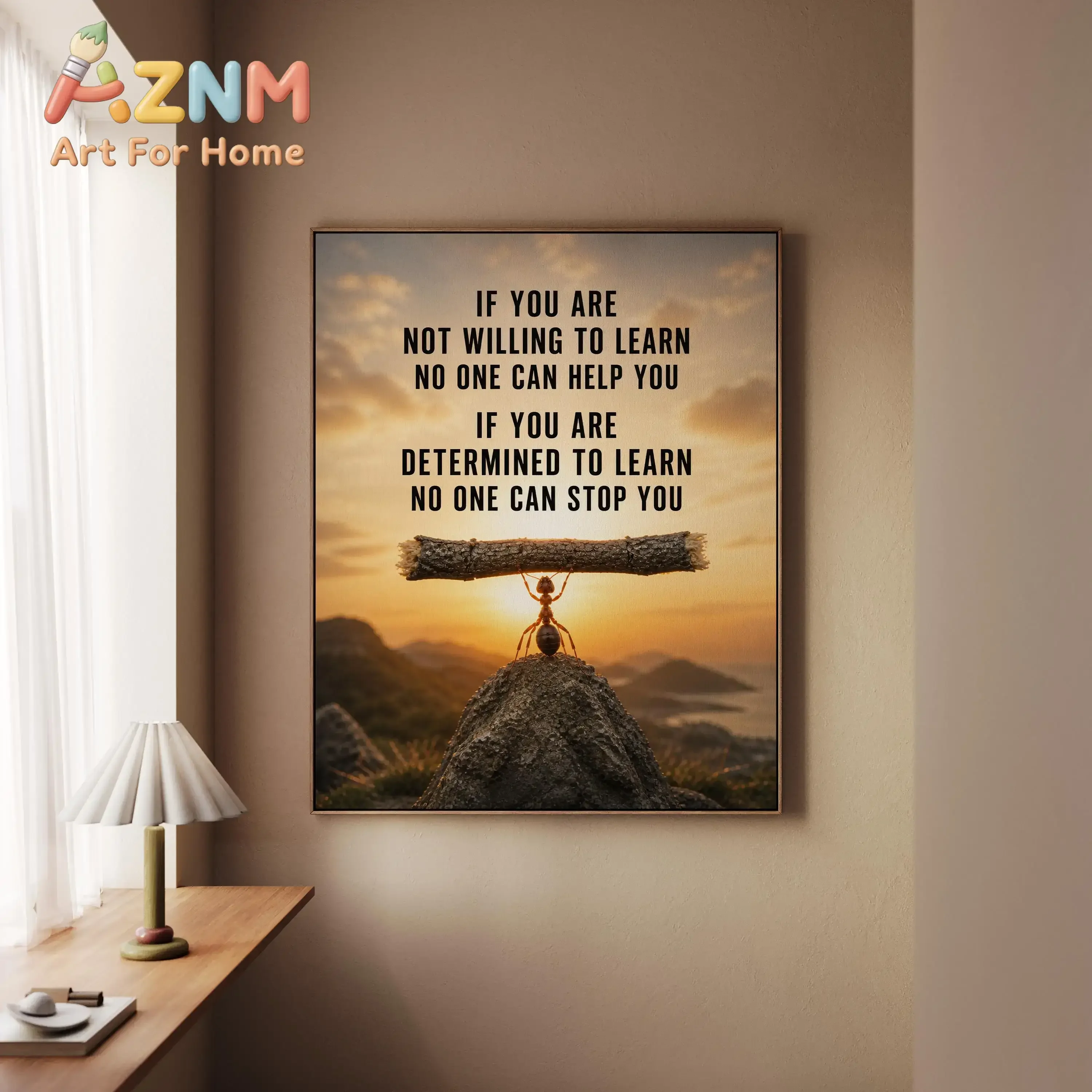 Motivational Wall Art for Office, Determined to Learn Quote Canvas, Ant Carrying Log Inspirational Poster, Growth Mindset Decor