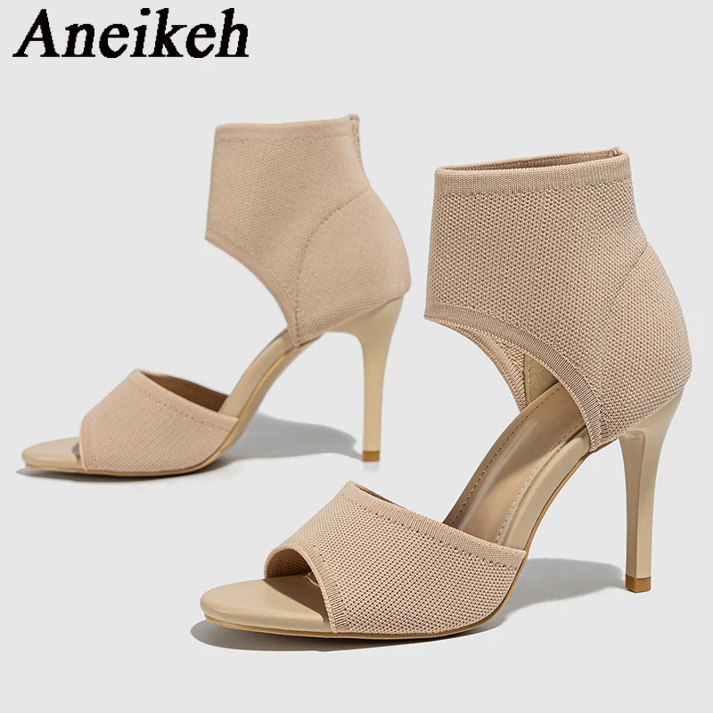 Aneikeh Sexy summer High heeled knitted elastic Roman boots sandals slim heeled outdoor sandals sizes 35-42 Dress Banquet Shoes