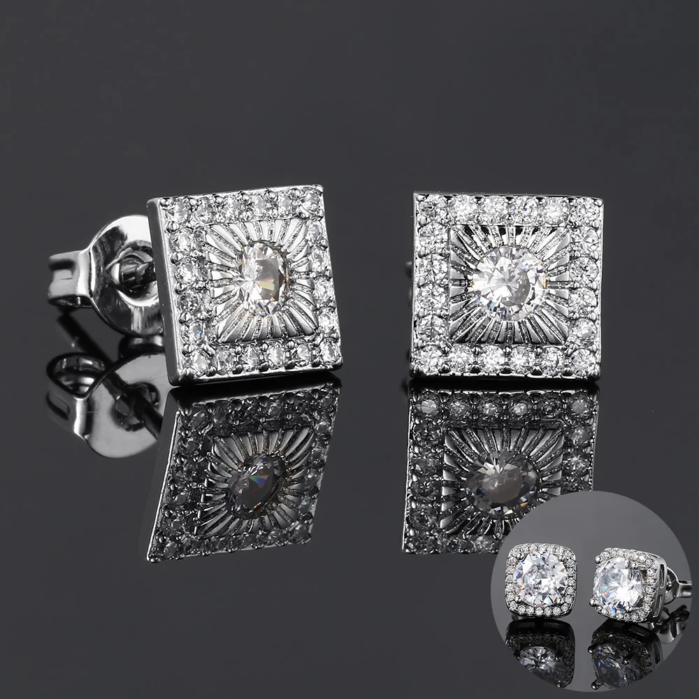 Glänzende quadratische Ohrringe für Männer und Frauen, voller Zirkonia, silberfarben, Ohrstecker, Hip-Hop-Stil, modischer Ohrschmuck, Geschenk für Männer, KCE178